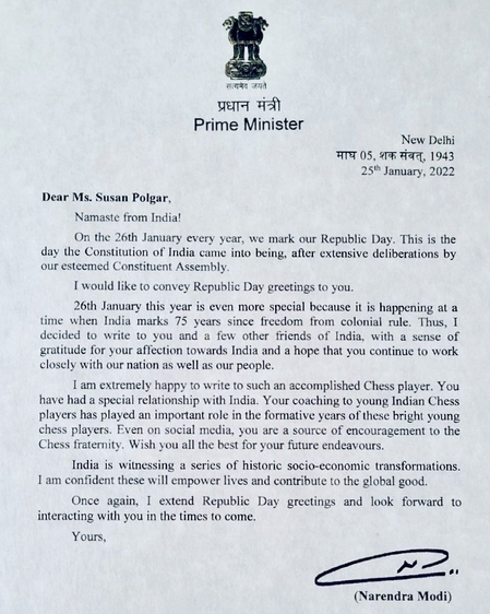Chess great Susan Polgar recalls PM Modi’s letter honouring her role in shaping Indian chess