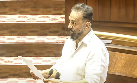 RS adjourned briefly amid Oppn protest, Kamal Haasan takes oath as member