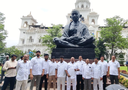 BRS MLAs submit petition at Gandhi statue over disqualification plea