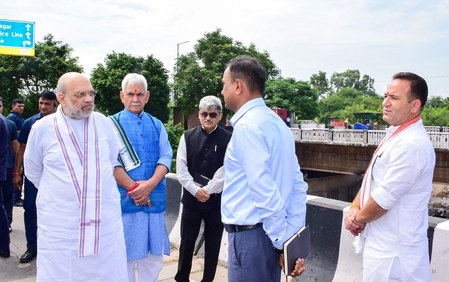 Amit Shah visits Jammu’s Tawi Bridge, Bikram Chowk to assess flood damage