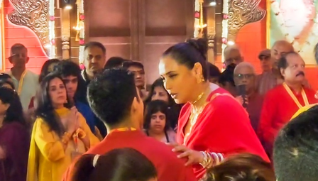 Rani Mukerji and Ayan Mukerji share a heartwarming moment at Durga Puja celebrations