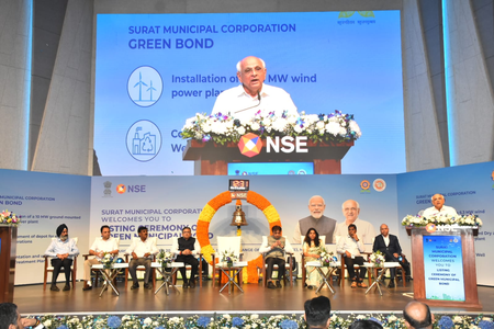 <div>Surat Municipal Corporation’s Green Bond lists on NSE, Gujarat CM rings ceremonial bell</div>