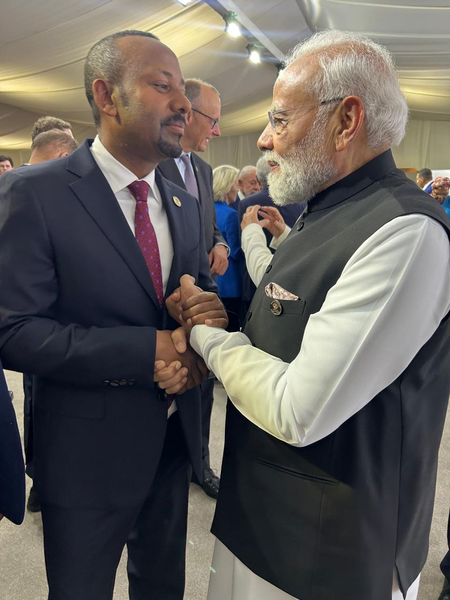 <div>PM Modi meets Ethiopian PM Abiy Ahmed, says both nations’ ties anchored in development cooperation</div>