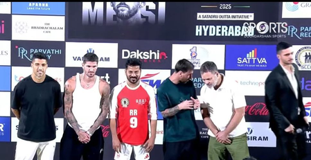 GOAT Tour: Messi appears at Uppal Stadium in Hyderabad, seen waving to the crowd in broadcast visuals