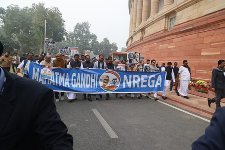 Opposition protests in Parliament complex over renaming of MGNREGA, Sonia Gandhi joins march