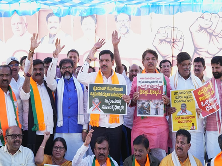 <div>B’luru: BJP protests Cong govt move to rehabilitate encroachers, says land belongs to Kannadigas</div>