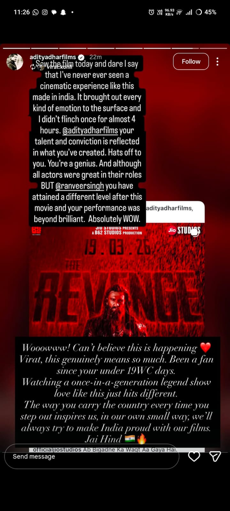 Virat Kohli calls Dhurandhar: The Revenge a ‘cinematic experience’; Aditya Dhar responds with gratitude