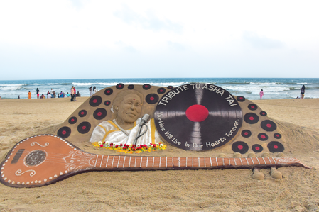 20-feet-long Veena sand art created at Puri Beach as a tribute to Asha Bhosle