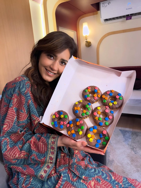 Raashii Khanna enjoys a sweet surprise by Vidya Balan on the sets of Anees Bazmee’s next