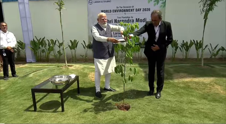 Gujarat: PM Modi plants sapling on World Environment Day, reviews projects in Surat