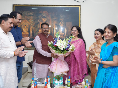 Delhi BJP chief gives booklet on PM Modi’s govt to Rajguru College principal