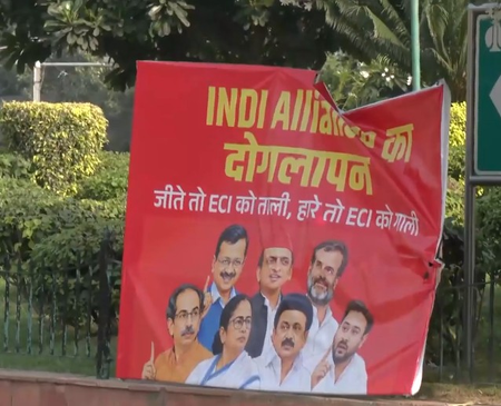 Posters targeting Oppn’s ‘doglapan’ over ECI issue surface in Delhi ahead of INDIA bloc’s meet